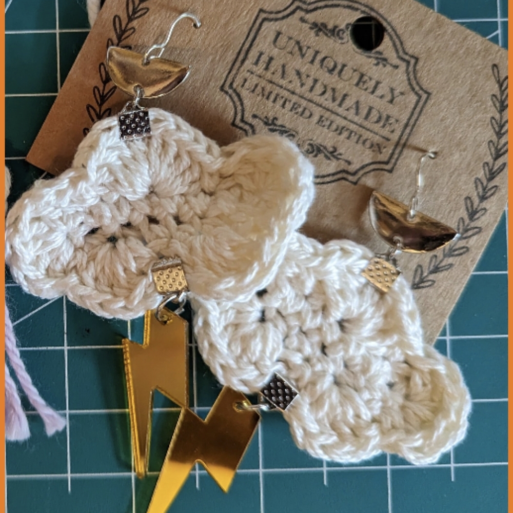 Handmade Crochet Cloud Earrings with Gold Lightning
